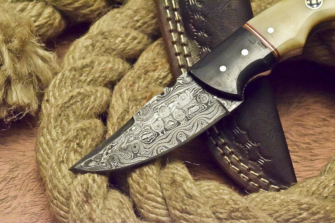 CUSTOM ART FIXED BLADE DAMASCUS HUNTING KNIFE CAMEL BONE HANDLE