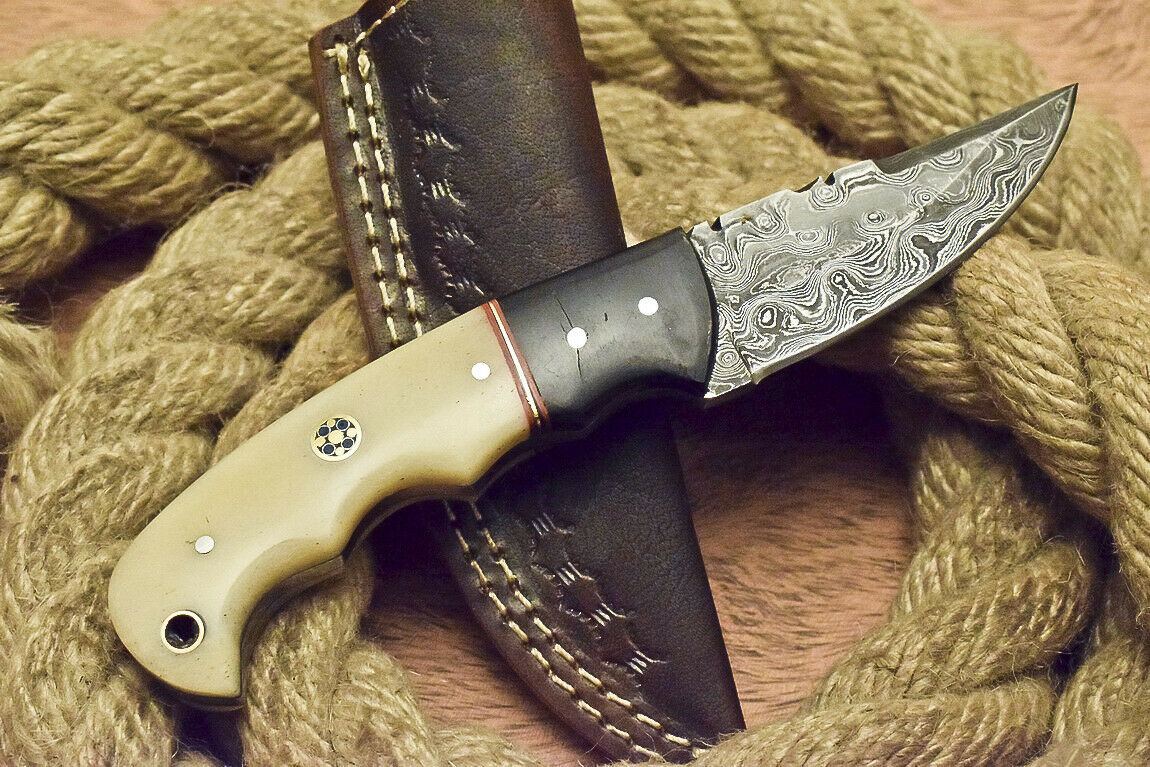 CUSTOM ART FIXED BLADE DAMASCUS HUNTING KNIFE CAMEL BONE HANDLE