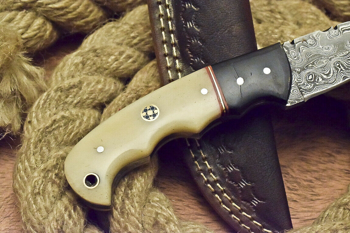 CUSTOM ART FIXED BLADE DAMASCUS HUNTING KNIFE CAMEL BONE HANDLE