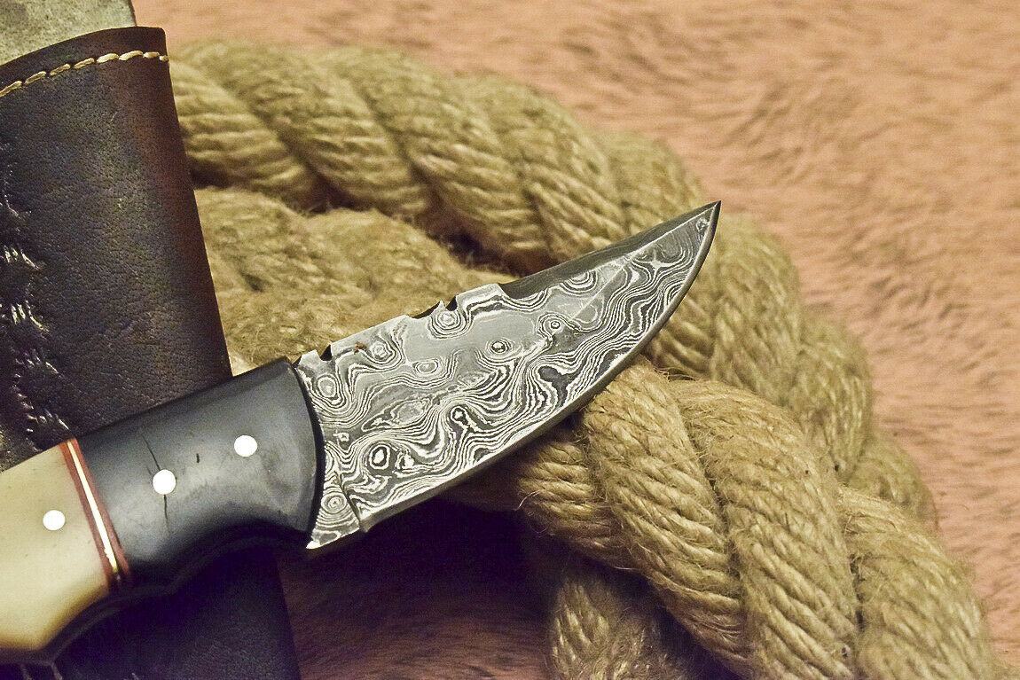 CUSTOM ART FIXED BLADE DAMASCUS HUNTING KNIFE CAMEL BONE HANDLE