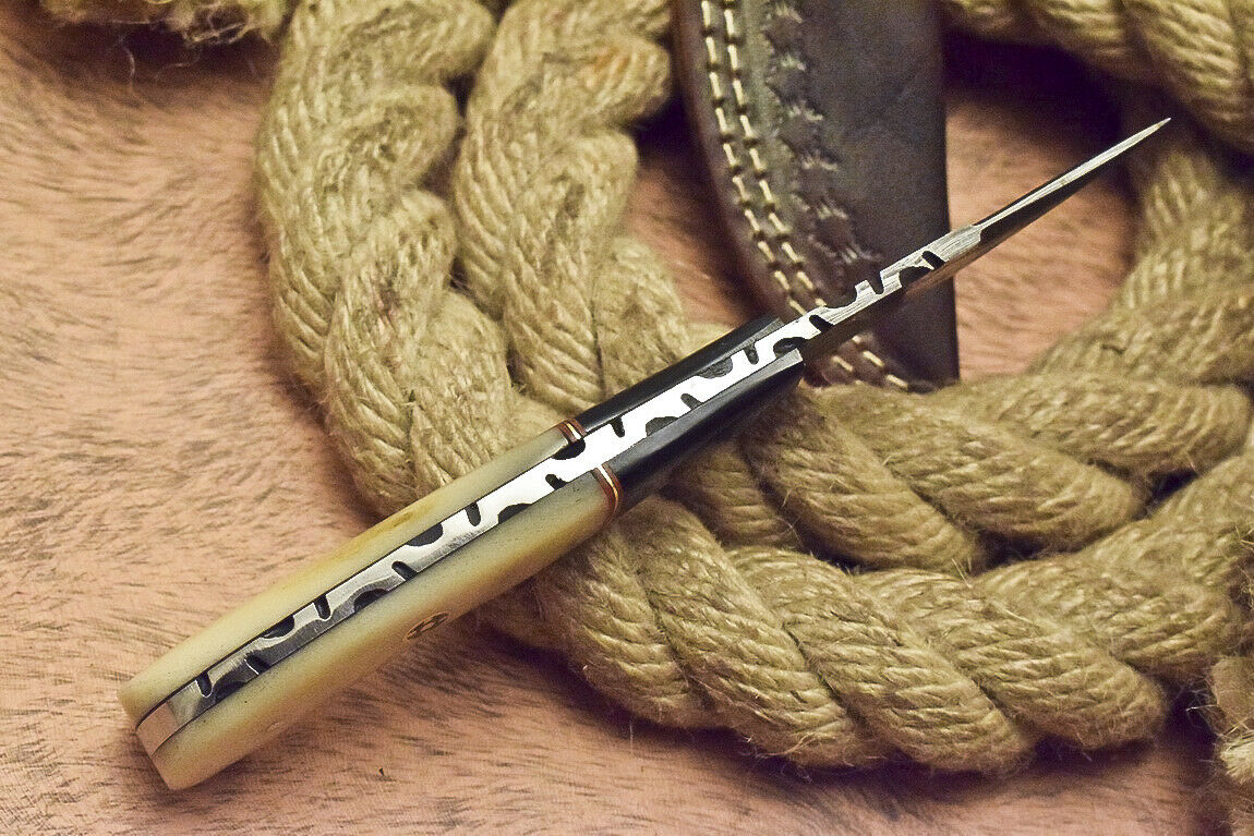 CUSTOM ART FIXED BLADE DAMASCUS HUNTING KNIFE CAMEL BONE HANDLE