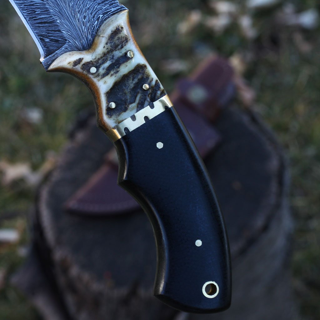 Custom Damascus Steel Tracker Knife with Micarta Handle & Ram Horn Bolster