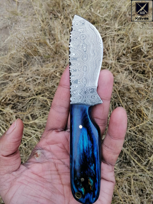 Handcrafted Skinner Knife with Damascus Steel Blade, Pakka Wood Handle & Leather Sheath