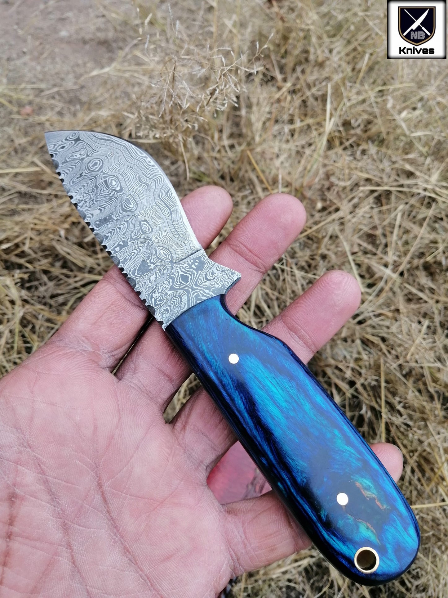 CUSTOM HAND DAMASCUS HUNTING KNIFE HANDLE HARDWOOD ,Brass Pins
