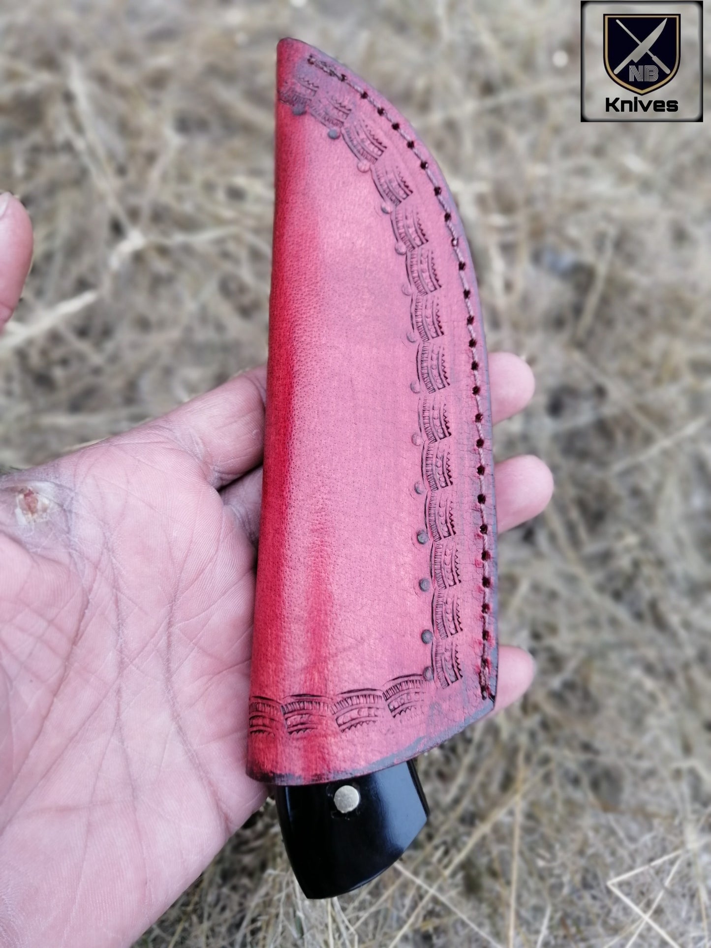 CUSTOM HAND DAMASCUS HUNTING KNIFE HANDLE BLACK HORN  ,Brass Pins