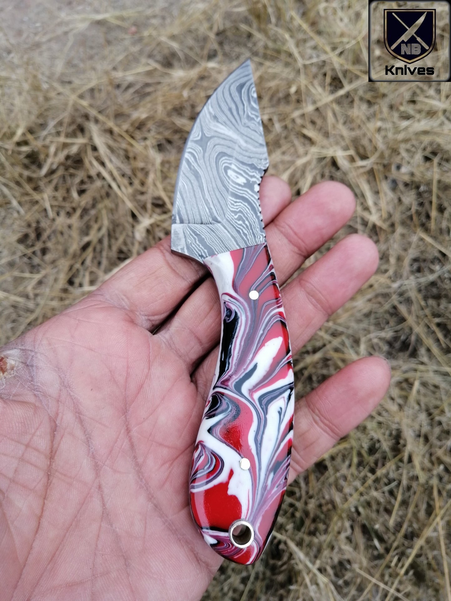 Custom Handmade Damascus Hunting Knife – Resin Handle with Brass Pins