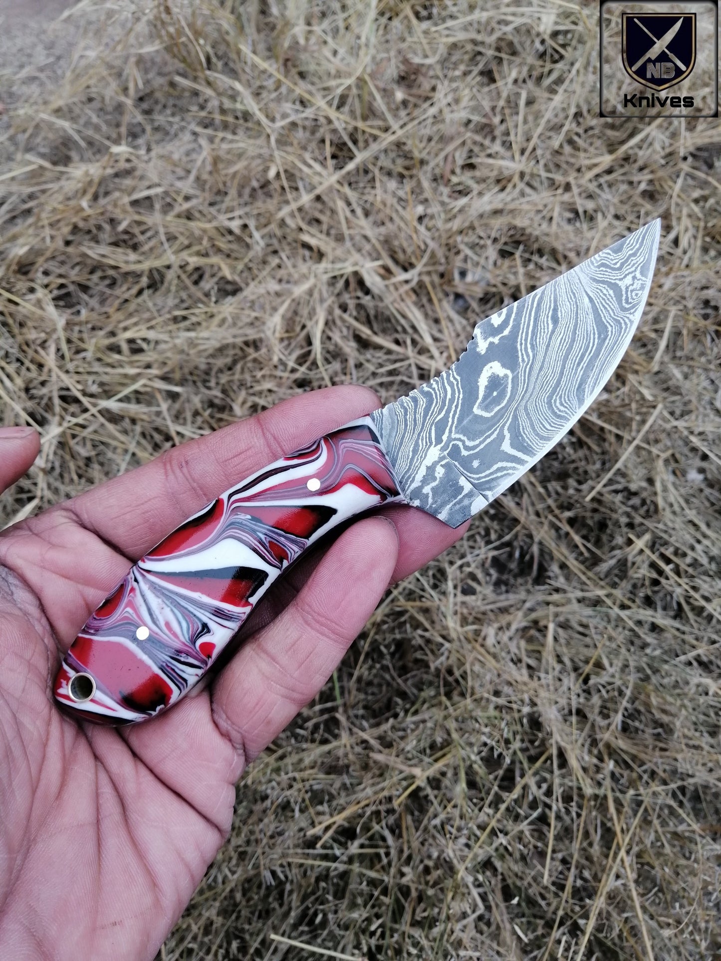 Custom Handmade Damascus Hunting Knife – Resin Handle with Brass Pins