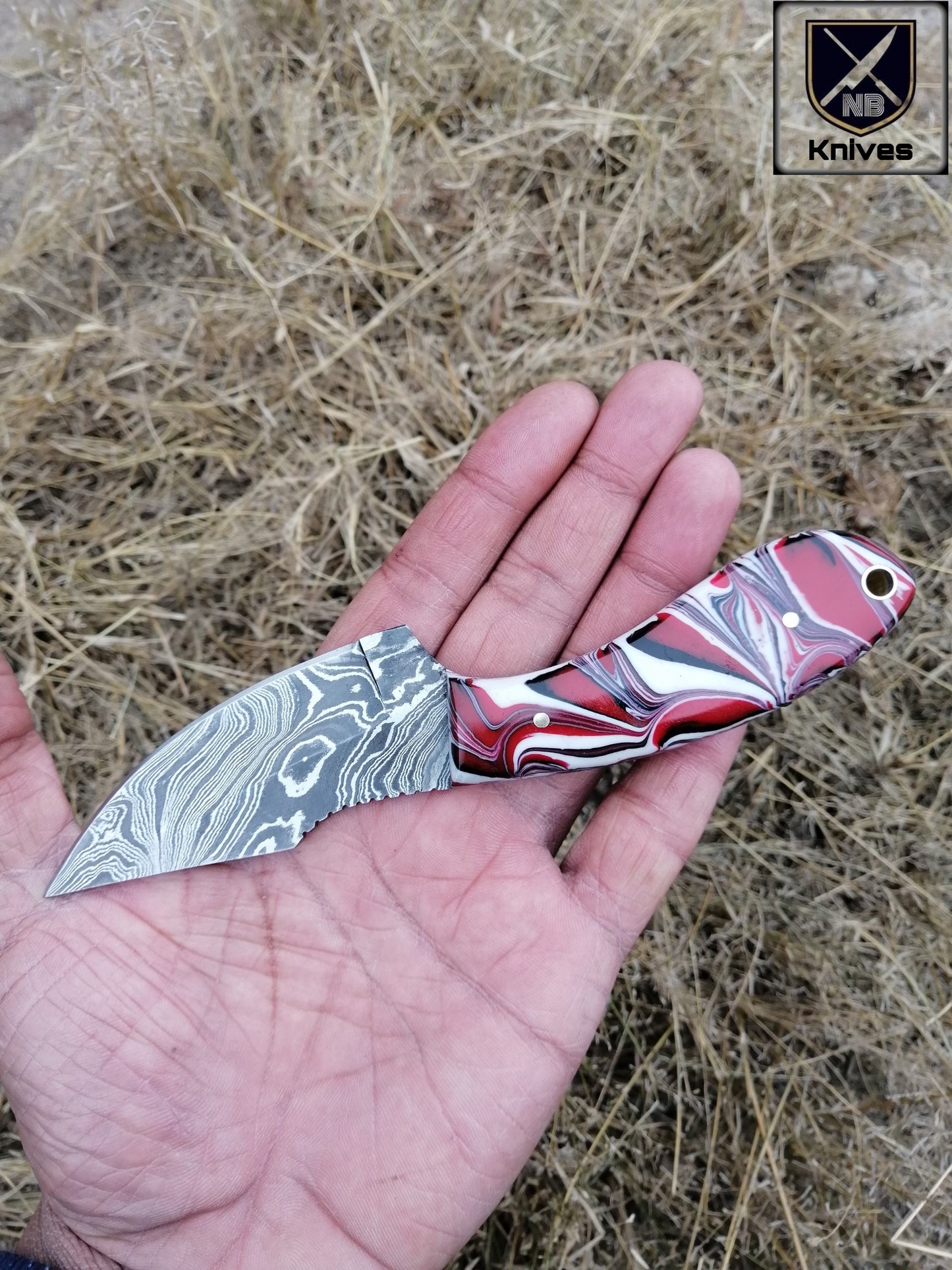 Custom Handmade Damascus Hunting Knife – Resin Handle with Brass Pins