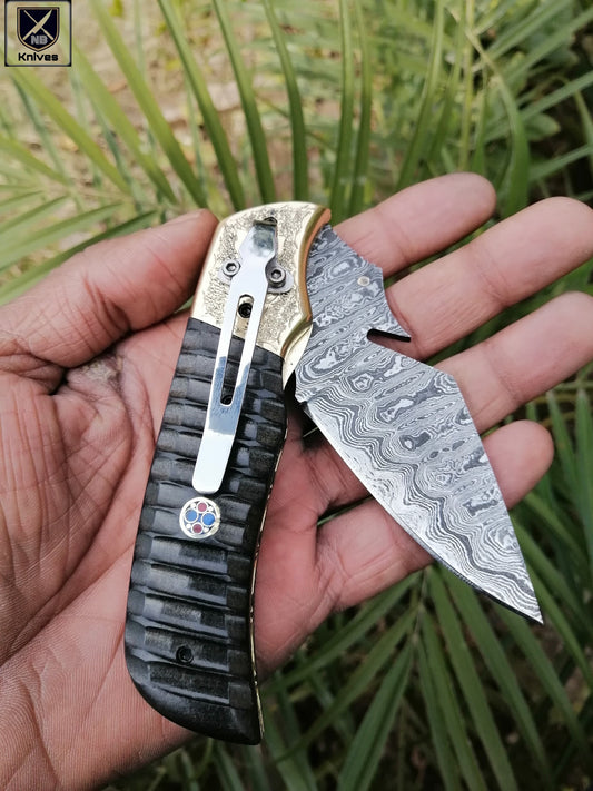 CUSTOM HANDMADE DAMASCUS FOLDING KNIFE WITH POCKET CLIP