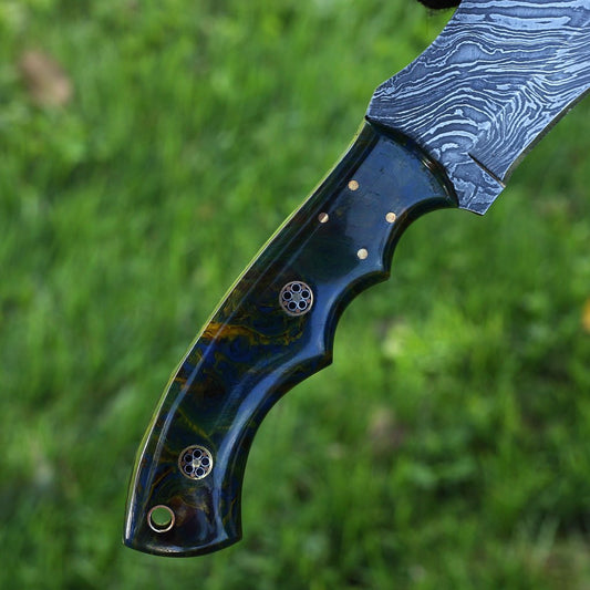 Handcrafted Damascus Tracker Knife with Resin Handle & Leather Sheath