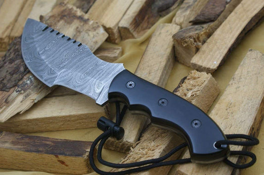 Damascus Steel Tracker Knife with Micarta Handle & Leather Sheath