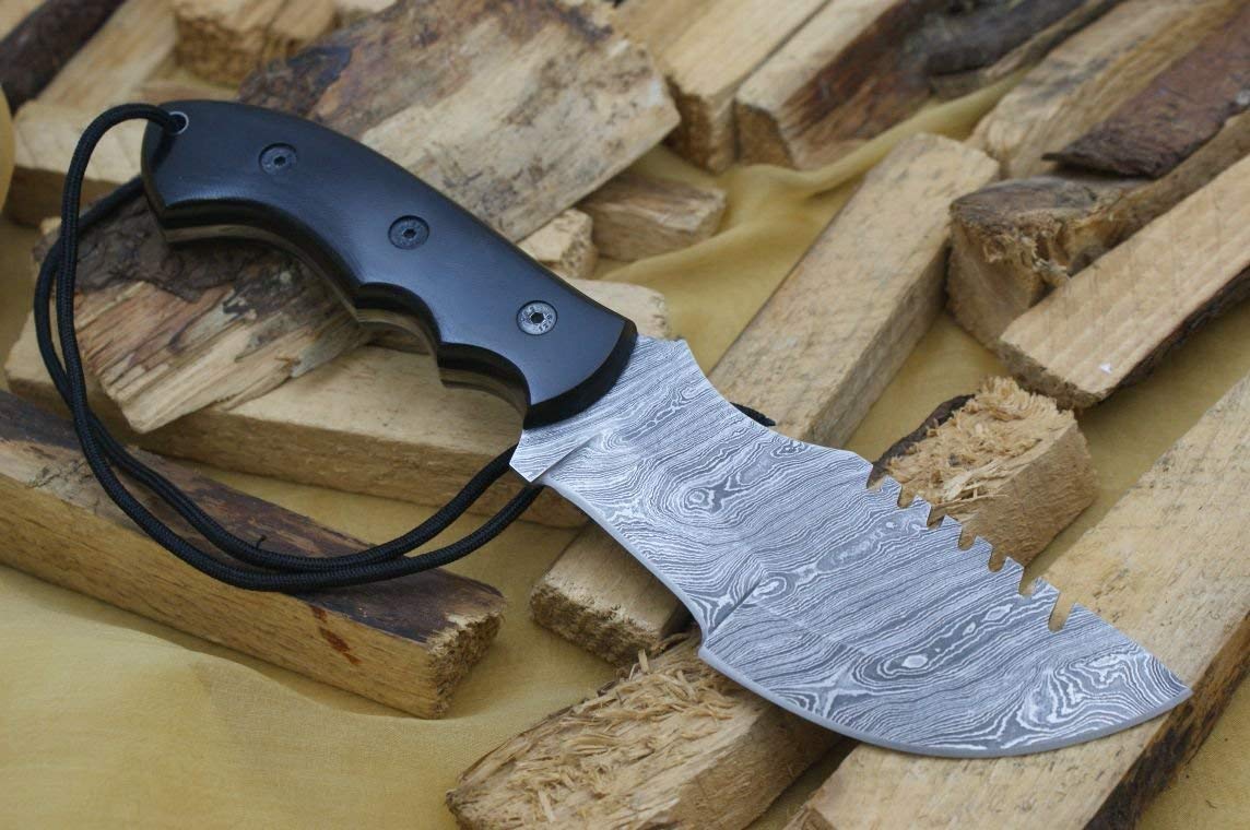 Damascus Steel Tracker Knife with Micarta Handle & Leather Sheath