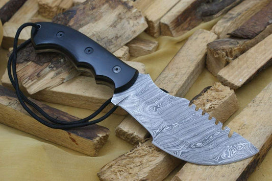 Damascus Steel Tracker Knife with Micarta Handle & Leather Sheath