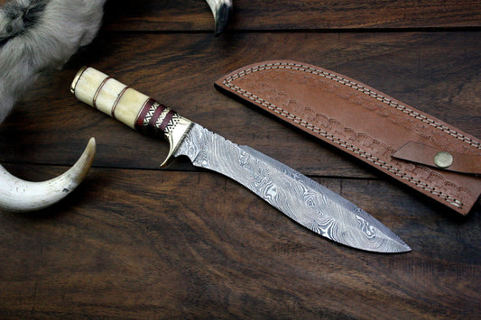 Custom Handmade Damascus Steel Bone Handle Hunting Knife With Leather Sheath Compact Outdoor Hunting Knife