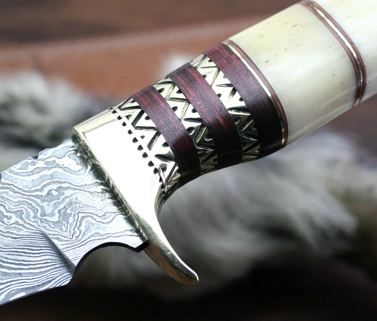 Custom Handmade Damascus Steel Bone Handle Hunting Knife With Leather Sheath Compact Outdoor Hunting Knife