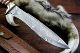 Custom Handmade Damascus Steel Bone Handle Hunting Knife With Leather Sheath Compact Outdoor Hunting Knife