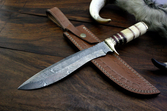 Custom Handmade Damascus Steel Bone Handle Hunting Knife With Leather Sheath Compact Outdoor Hunting Knife