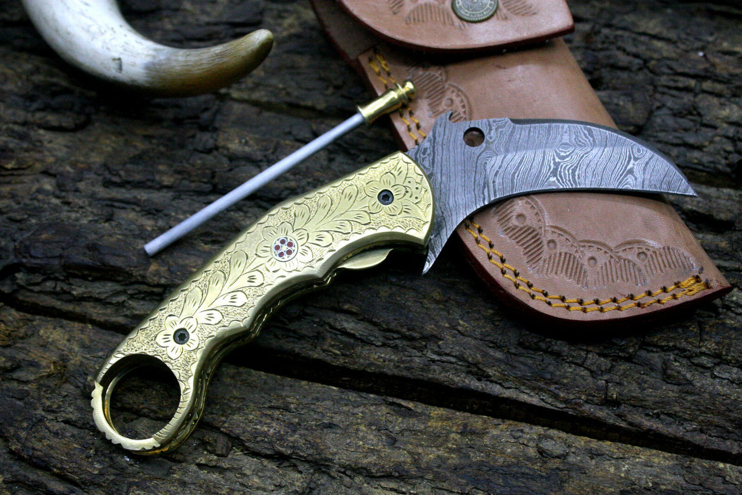 Handmade Damascus Steel Folding Knife with Engraved Brass Handle