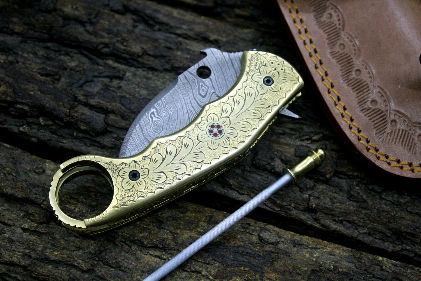 Handmade Damascus Steel Folding Knife with Engraved Brass Handle