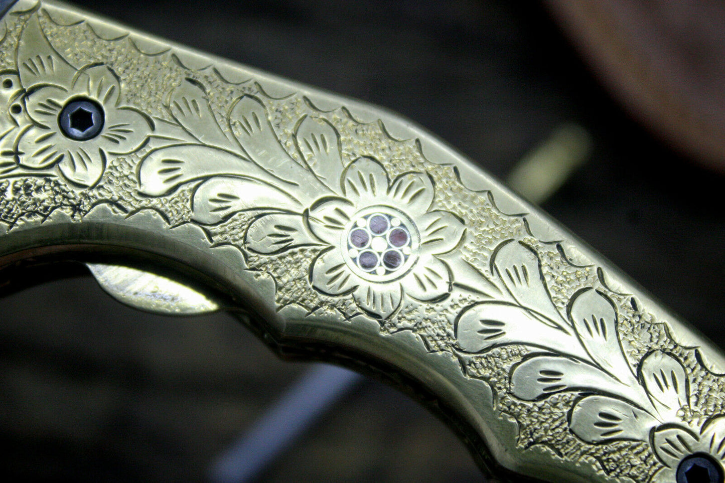 Handmade Damascus Steel Folding Knife with Engraved Brass Handle