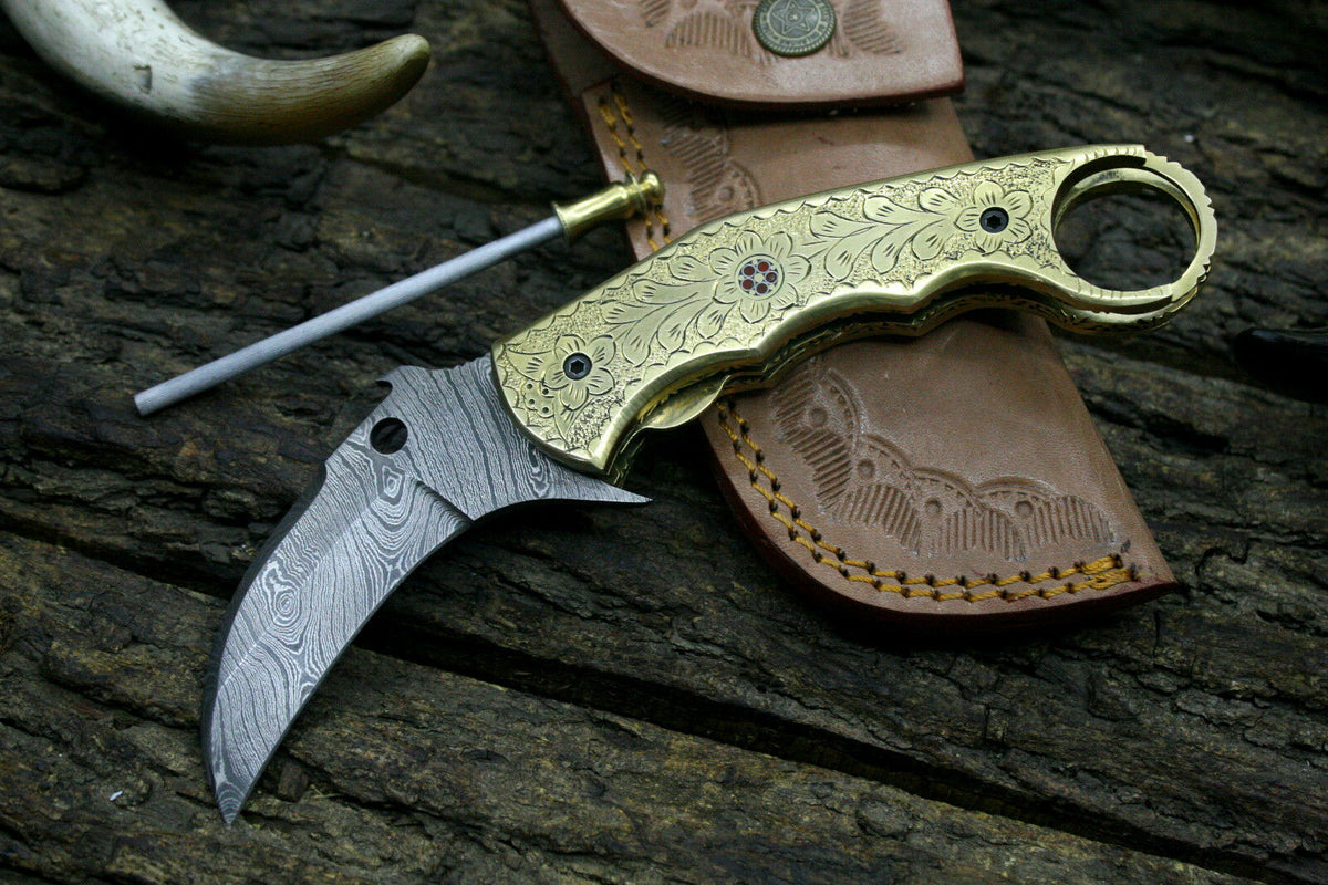 Handmade Damascus Steel Folding Knife with Engraved Brass Handle