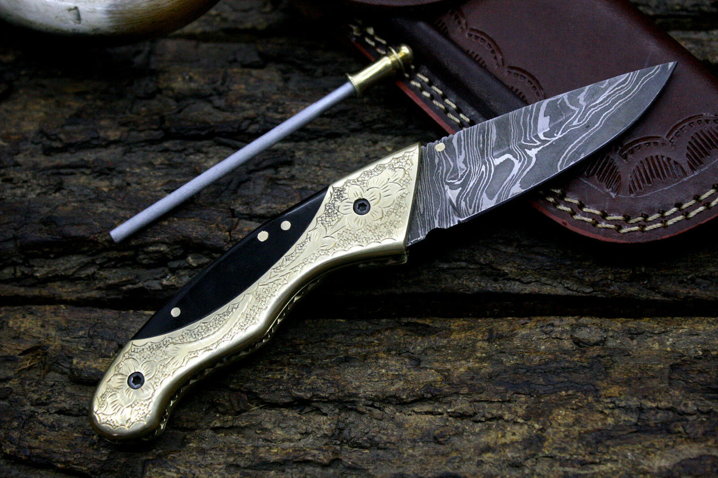 Engraved Brass & Buffalo Horn Handle Damascus Folding Knife with Cowhide Leather Sheath
