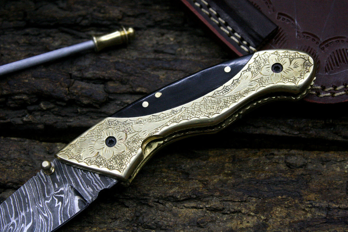 Engraved Brass & Buffalo Horn Handle Damascus Folding Knife with Cowhide Leather Sheath