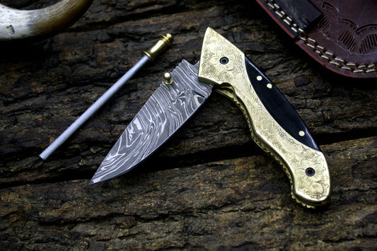 Engraved Brass & Buffalo Horn Handle Damascus Folding Knife with Cowhide Leather Sheath