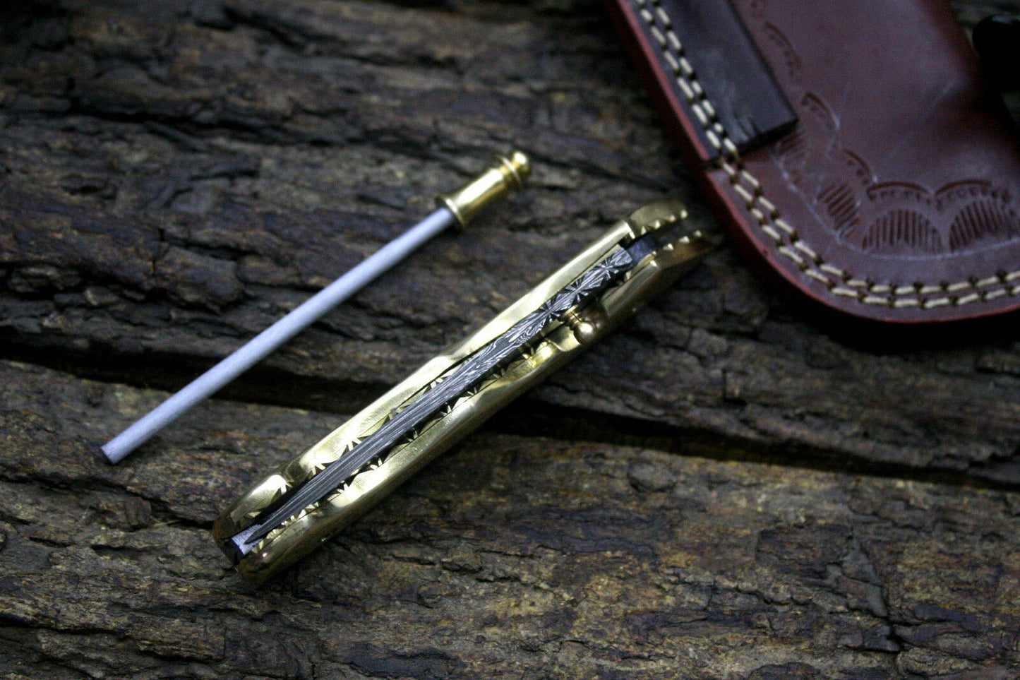 Engraved Brass & Buffalo Horn Handle Damascus Folding Knife with Cowhide Leather Sheath