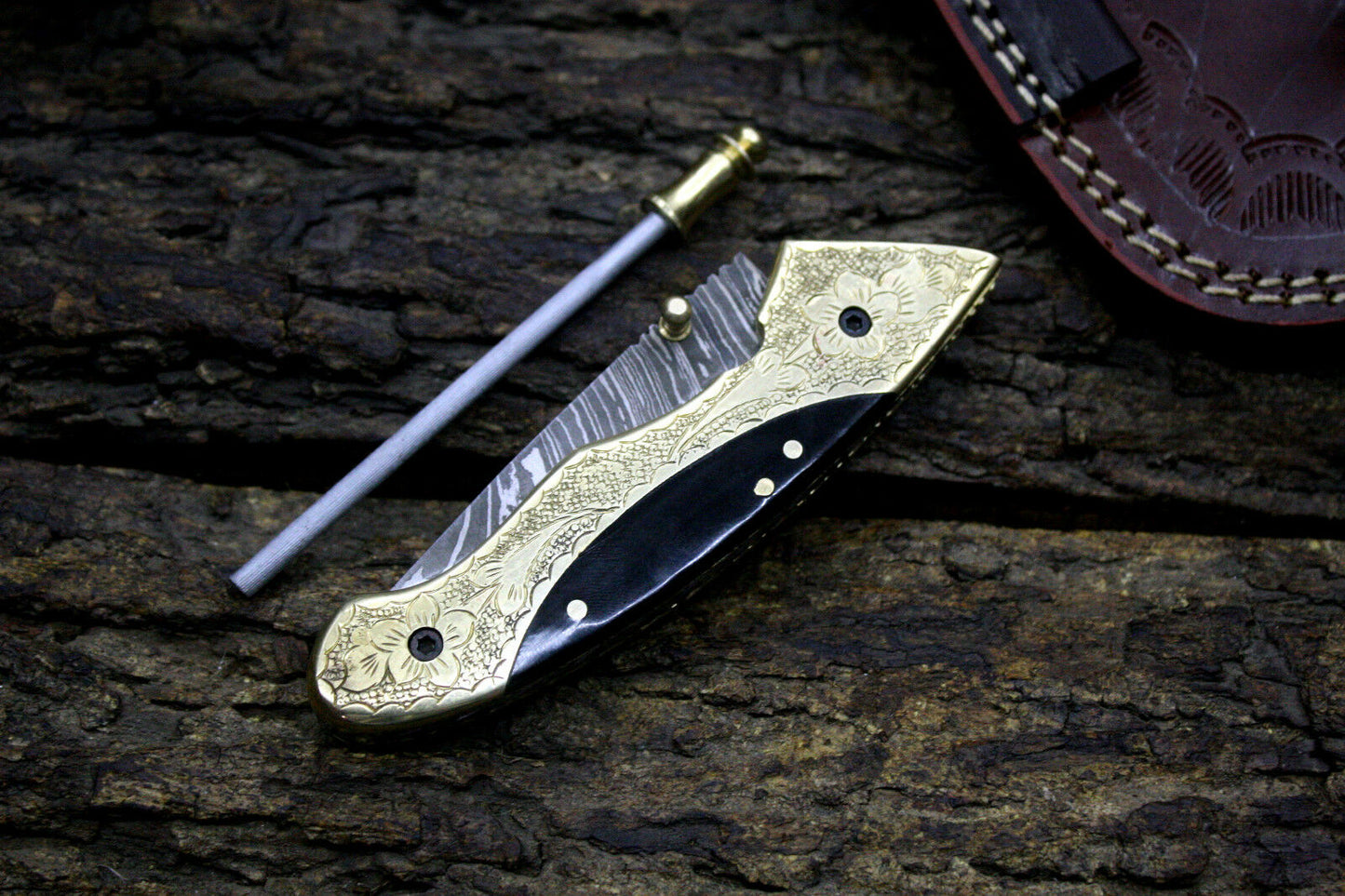 Engraved Brass & Buffalo Horn Handle Damascus Folding Knife with Cowhide Leather Sheath