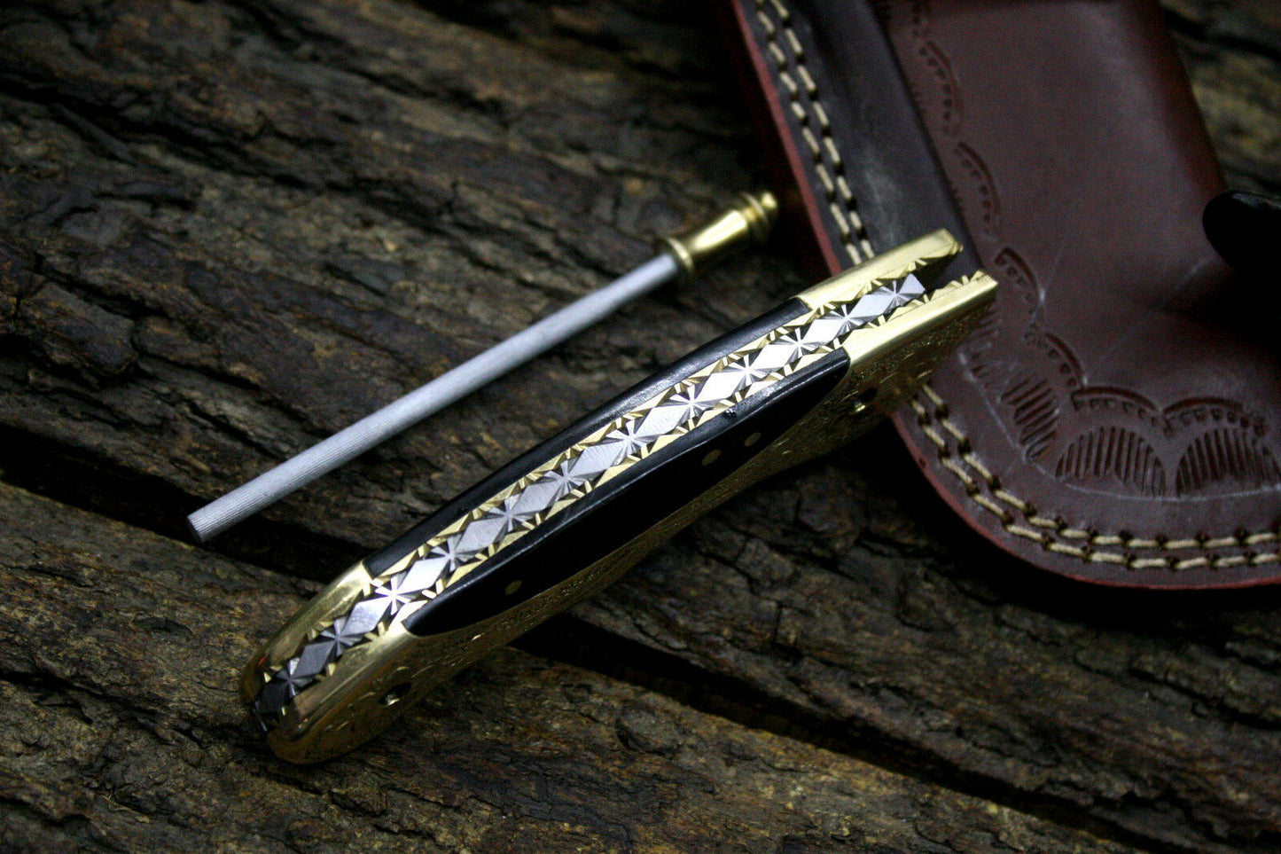 Engraved Brass & Buffalo Horn Handle Damascus Folding Knife with Cowhide Leather Sheath