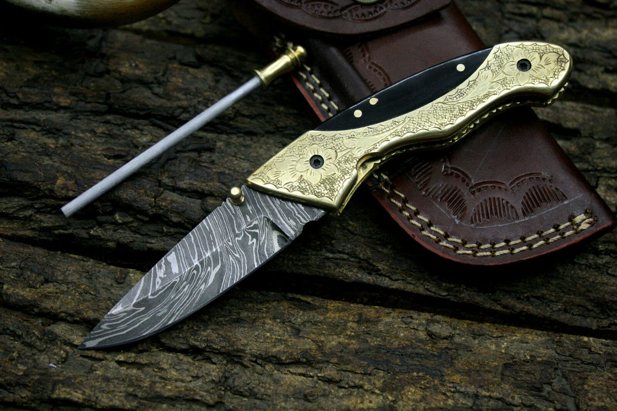 Engraved Brass & Buffalo Horn Handle Damascus Folding Knife with Cowhide Leather Sheath