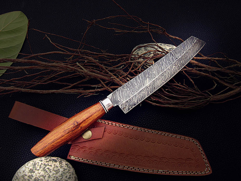 Custom Handmade Damascus Chef Knife Handle Roosewood with Leather Sheath - NB CUTLERY LTD