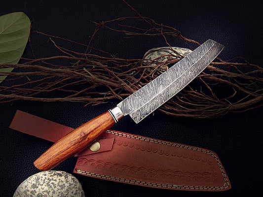 Custom Handmade Damascus Chef Knife Handle Roosewood with Leather Sheath - NB CUTLERY LTD
