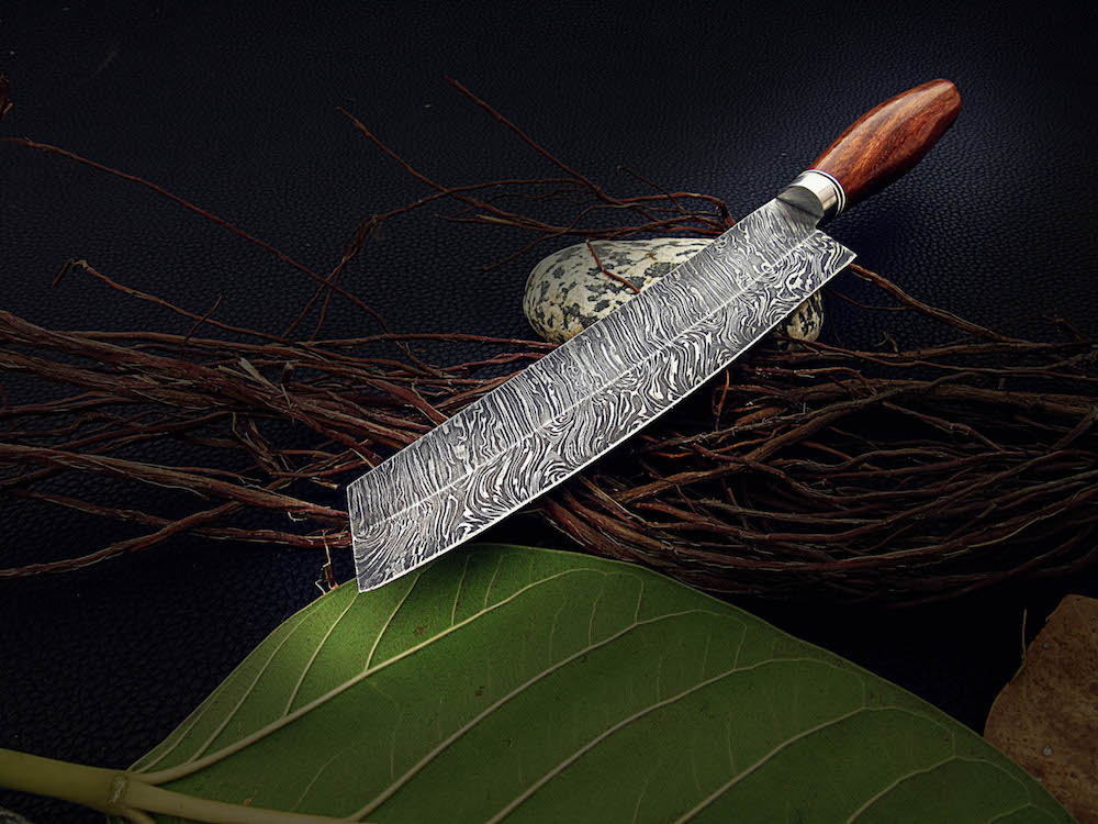 Custom Handmade Damascus Chef Knife Handle Roosewood with Leather Sheath - NB CUTLERY LTD