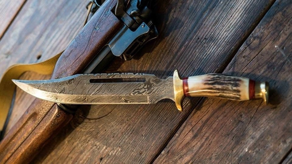 |NB KNIVES| CUSTOM HANDMADE DAMASSCUS STEEL STAG HORN HUNTING KNIFE WITH LEATHER SHEATH