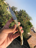 CUSTOM HANDMADE DAMASCUS STAG HORN FOLDING KNIFE WITH LEATHER SHEATH