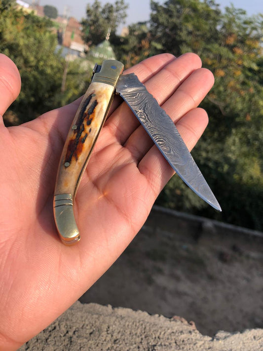 CUSTOM HANDMADE DAMASCUS STAG HORN FOLDING KNIFE WITH LEATHER SHEATH