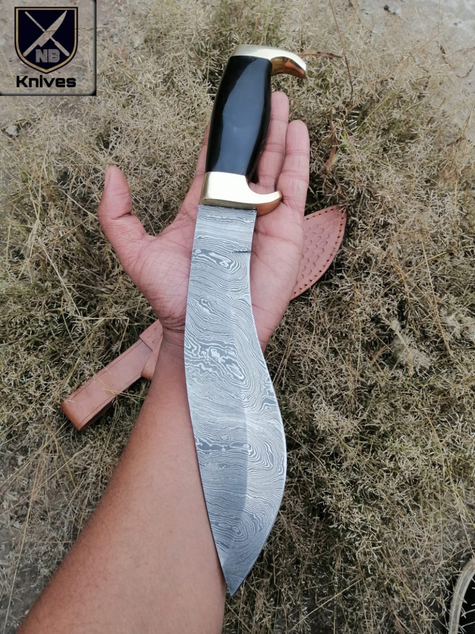 CUSTOM HANDMADE DAMASCUS KUKRI KNIFE WITH LEATHER SHEATH
