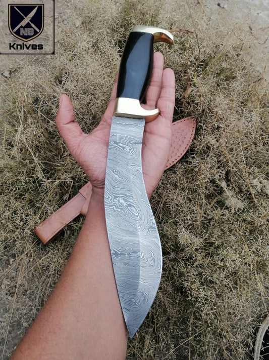 CUSTOM HANDMADE DAMASCUS KUKRI KNIFE WITH LEATHER SHEATH