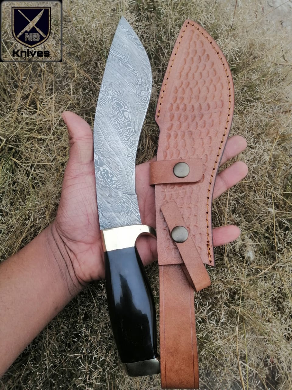 CUSTOM HANDMADE DAMASCUS KUKRI KNIFE WITH LEATHER SHEATH