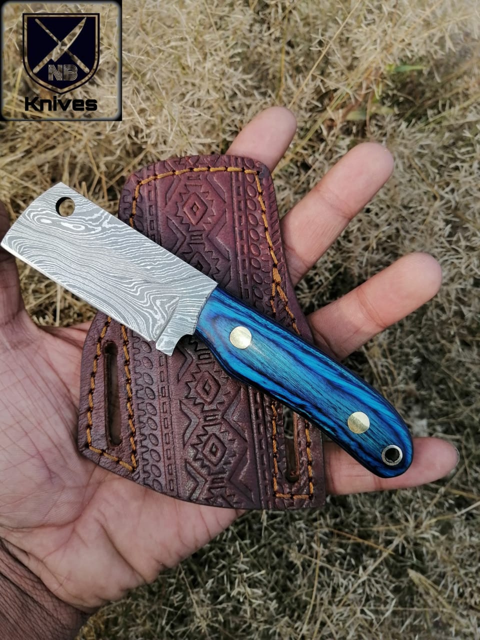 CUSTOM HANDMADE DAMASCUS HUNTING KNIFE HANDLE Dollar Sheath ,Brass Pins