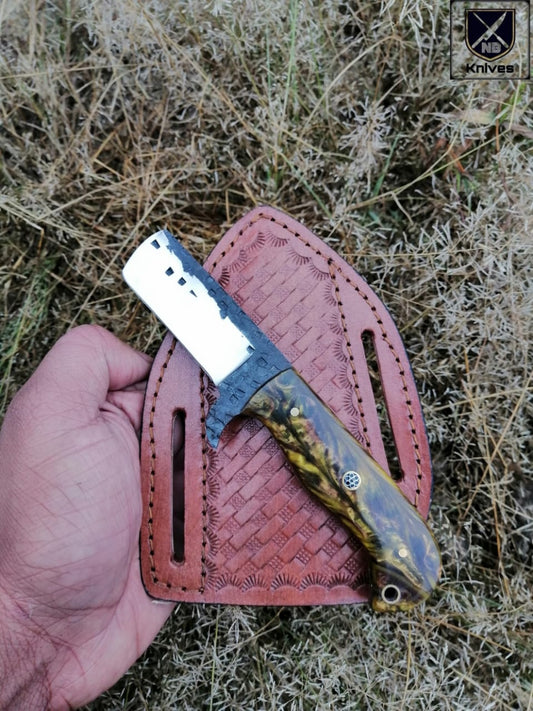 CUSTOM HANDMADE COW BOY BULL CUTTER KNIFE WITH LEATHER SHEATH
