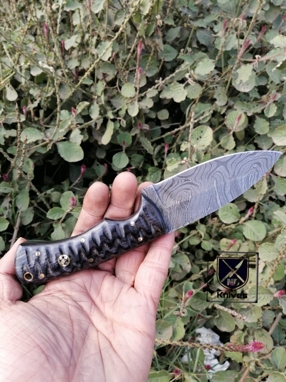 CUSTOM HANDMADE DAMASCUS HUNTING KNIFE HANDLE Mikarta ,Brass Pins