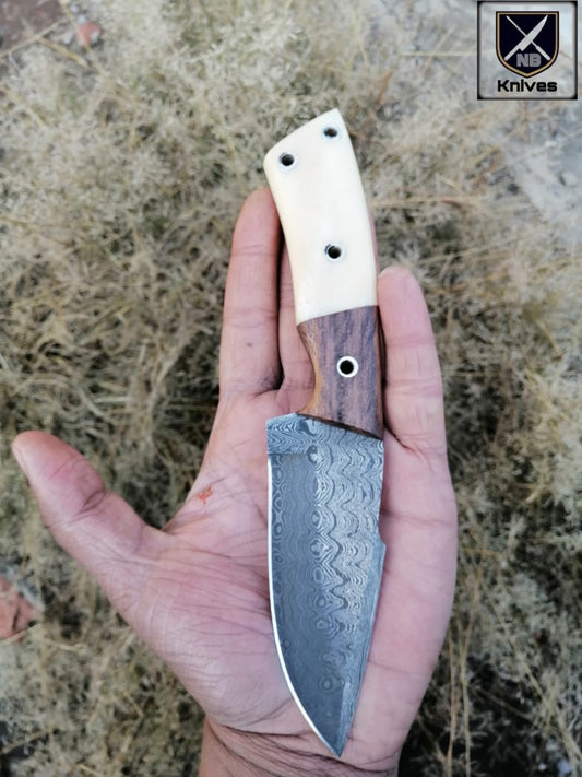 CUSTOM HANDMADE DAMASCUS HUNTING KNIFE Rosewood and Camel Bone ,Brass Pins