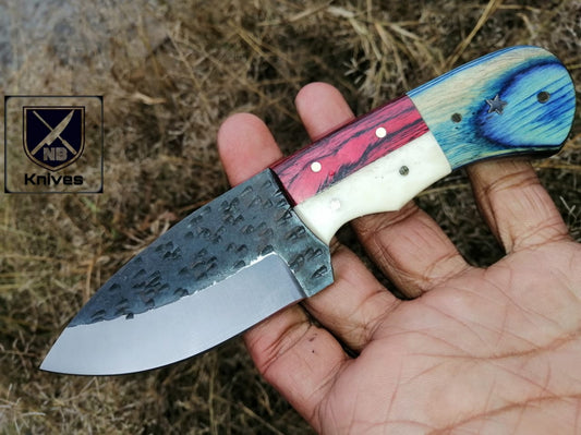 CUSTOM HAND FORGED TEXAS HANDLE HUNTING KNIFE HANDLE CAMEL BONE AND HARDWOOD  ,Brass Pins