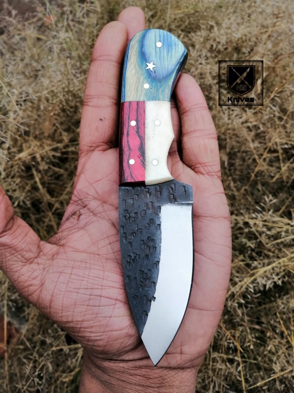 CUSTOM HAND FORGED TEXAS HANDLE HUNTING KNIFE HANDLE CAMEL BONE AND HARDWOOD  ,Brass Pins