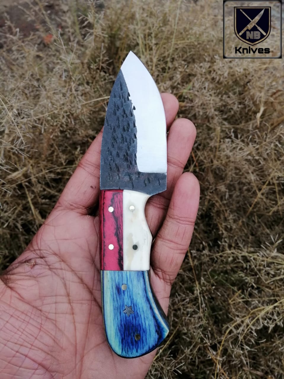 CUSTOM HAND FORGED TEXAS HANDLE HUNTING KNIFE HANDLE CAMEL BONE AND HARDWOOD  ,Brass Pins