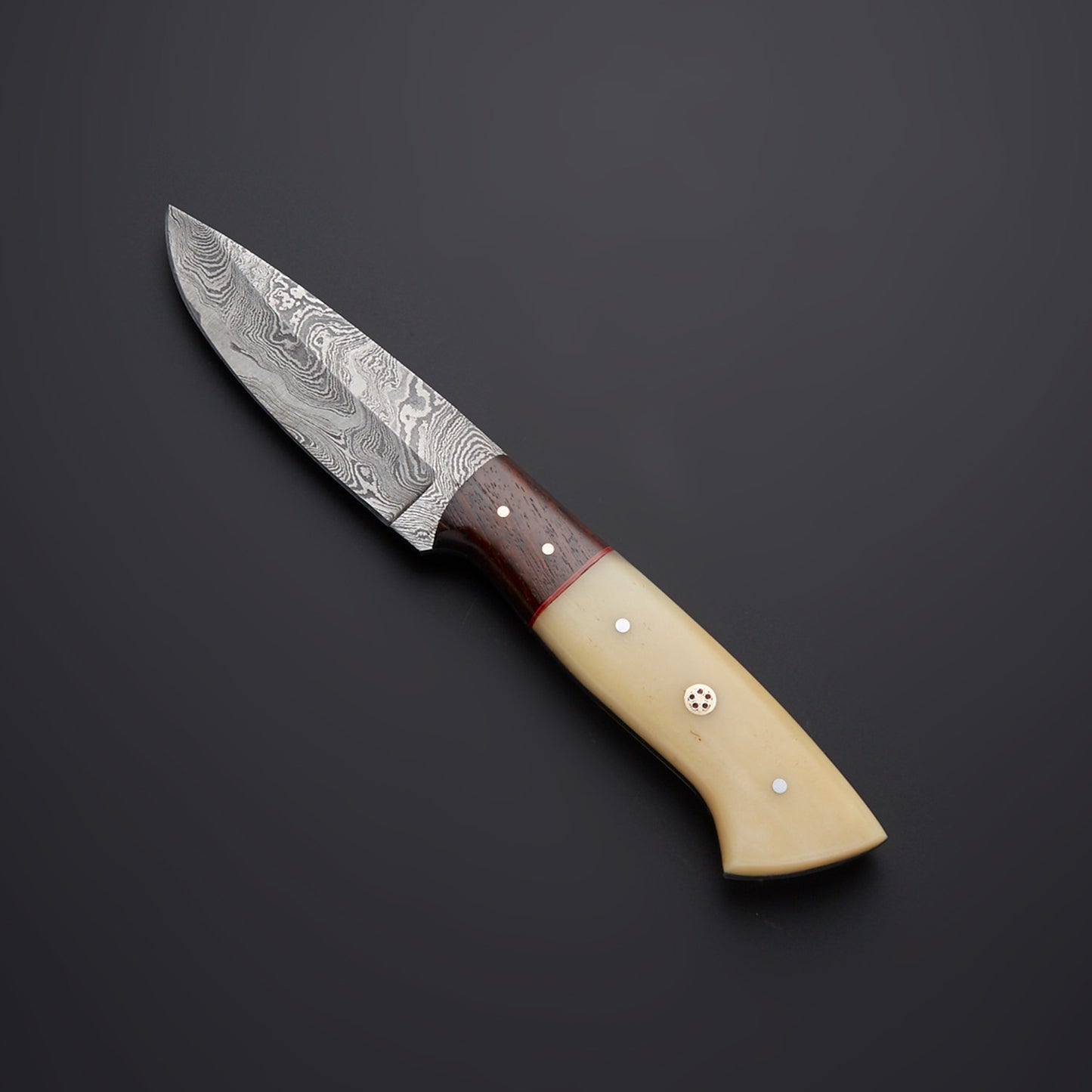 CUSTOM HANDMADE DAMASCUS HUNTING KNIFE Handle Materials: Camel Bone + Rose Wood