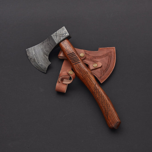 |NB KNIVES| Custom Handmade Damascus Axe Handle RoseWood With Leather Sheath